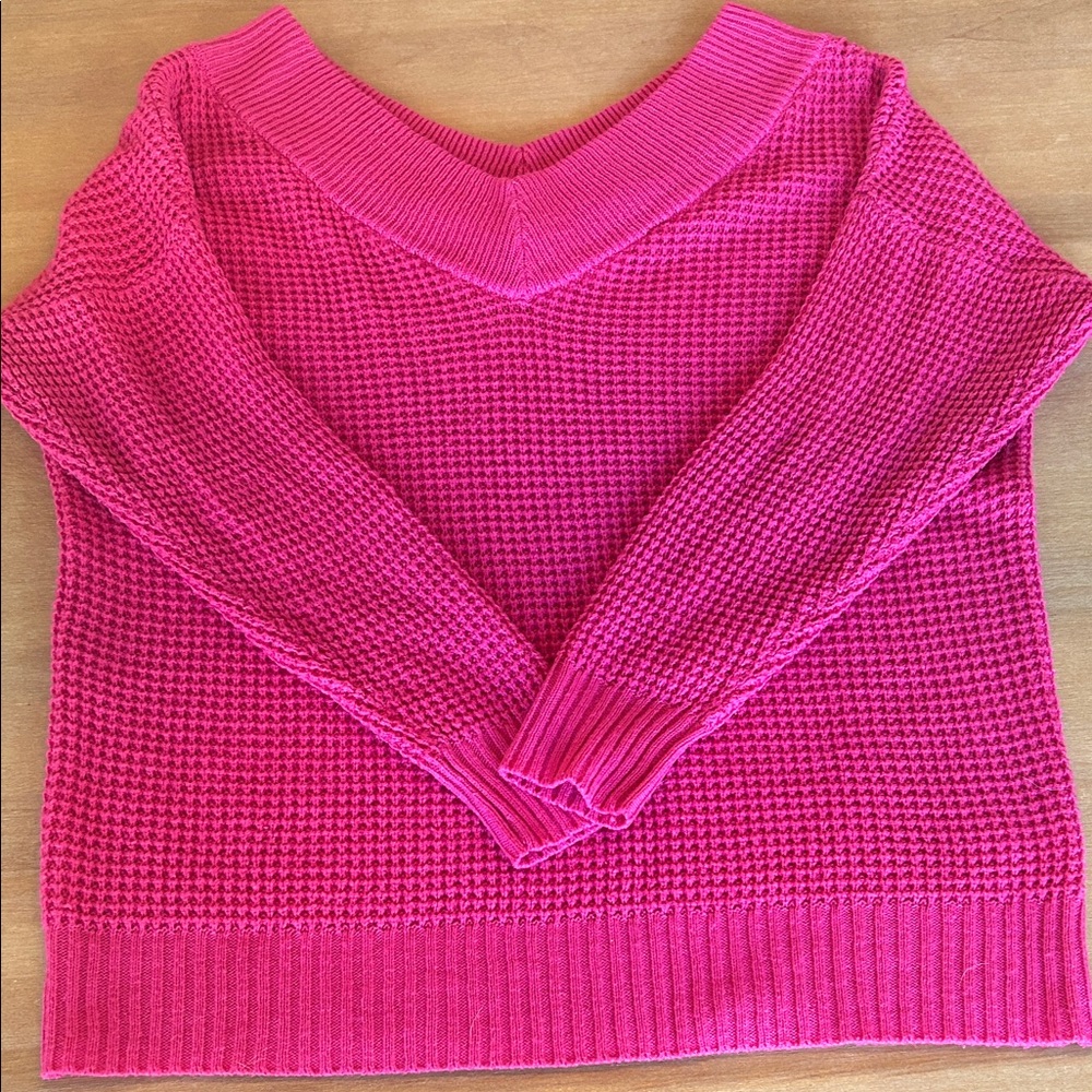 Zenana Premium hot Pink V-Neck Sweater. Slouchy, off the shoulder.